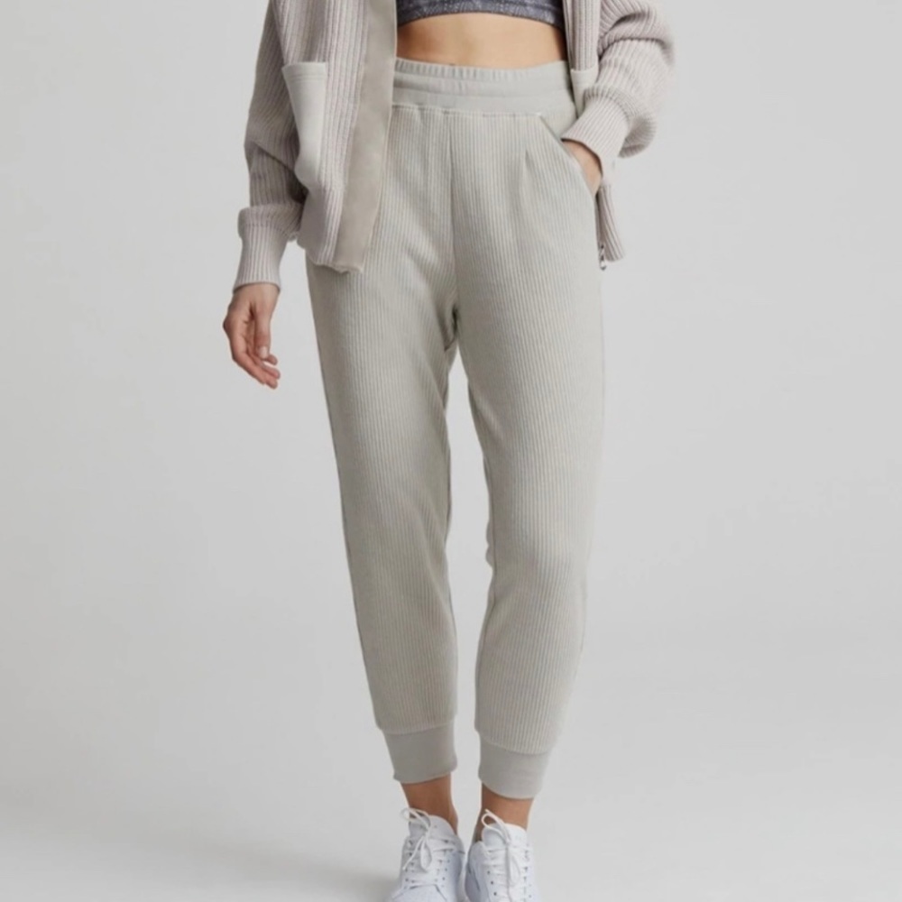 Varley Light Gray Ribbed Track Joggers